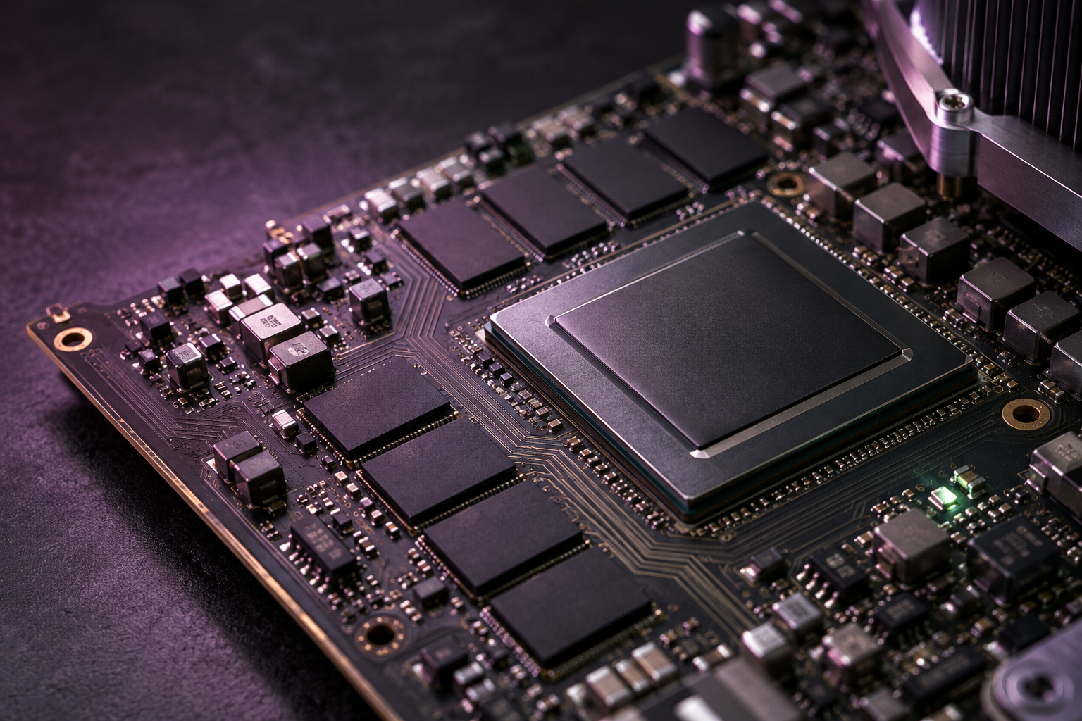 Close view of an AI accelerator board, its processor, memory and cooling infrastructure